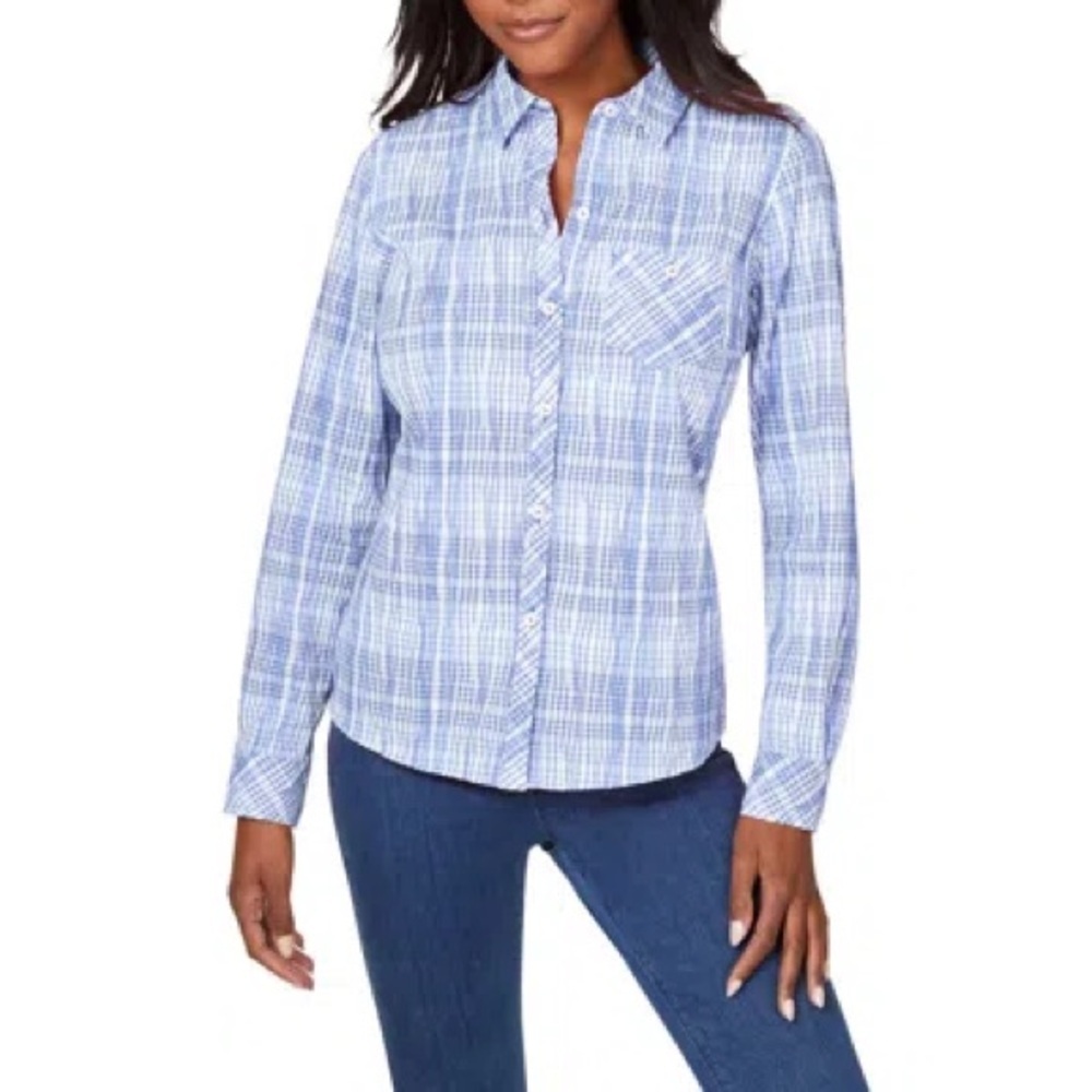 NWT Foxcroft Hampton Plaid No-Iron Long Sleeve Shirt Iris Blue $94.  Size 12
